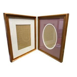 Vintage Teak Wood Hinged Double Photo Picture Frame MCM Inlay Corners 8x10